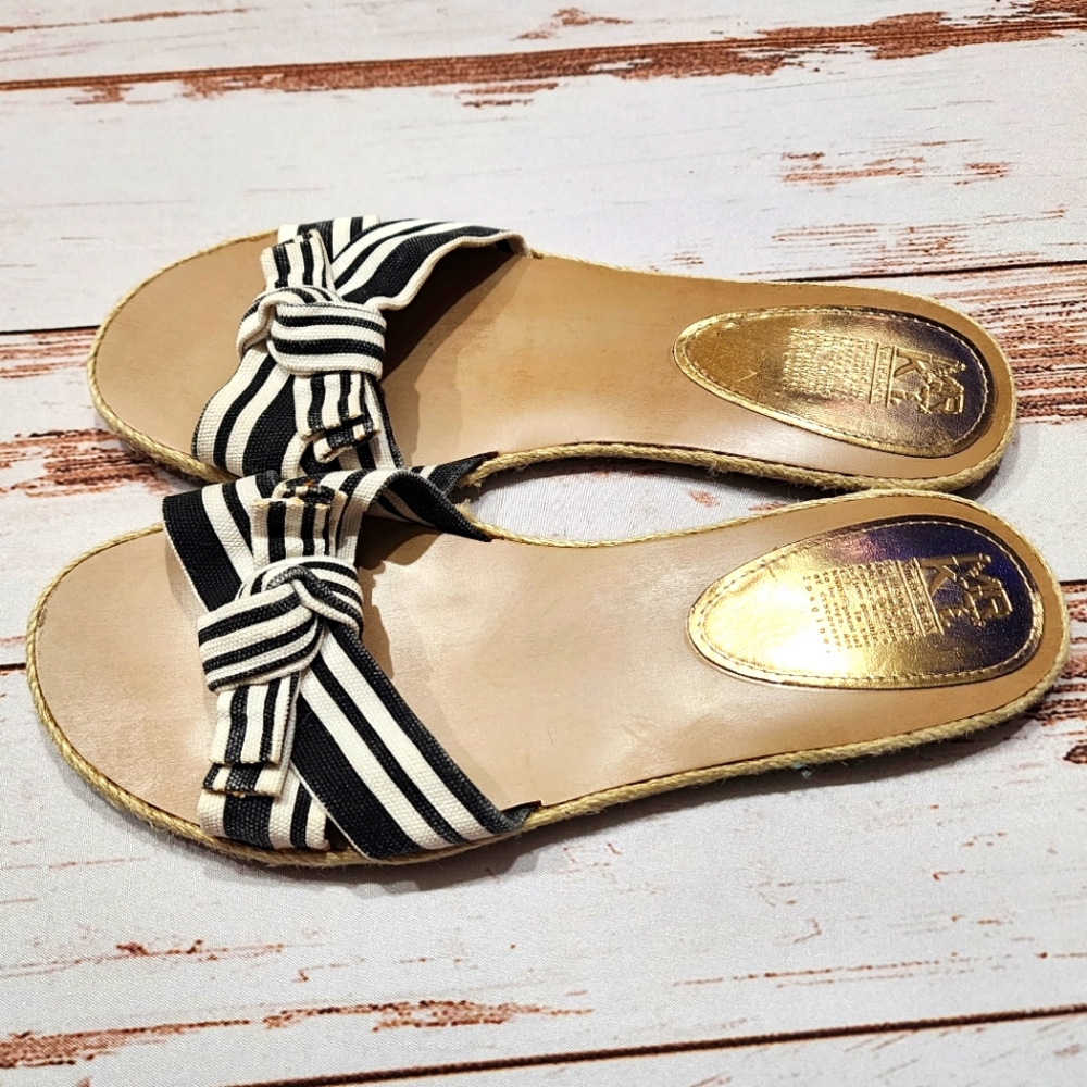 MRKT open-toe casual espadrille sandals black white striped fabric jute sole 9 - Picture 5 of 8